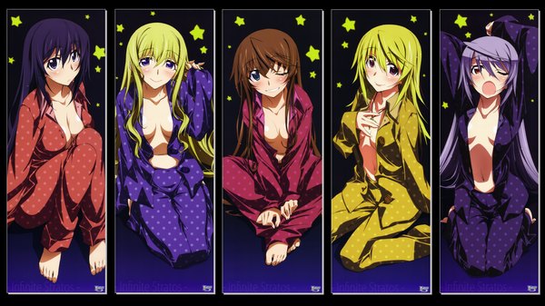 Anime picture 1920x1080 with infinite stratos 8bit charles dunois laura bodewig cecilia orcott shinonono houki fang linyin kurashima tomoyasu long hair blush highres breasts open mouth light erotic black hair blonde hair smile red eyes brown hair wide image