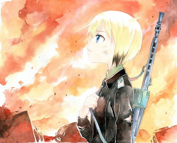 Anime picture 900x731 with strike witches erica hartmann agahari single short hair blue eyes blonde hair animal ears profile torn clothes traditional media dog ears watercolor (medium) dog girl girl uniform weapon gun military uniform flame