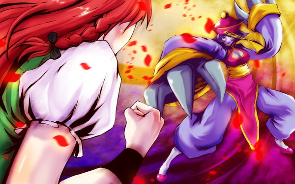 Anime picture 3200x2000 with touhou vampire / darkstalkers (game) capcom hong meiling lei lei hsien-ko miandni long hair highres breasts wide image yellow eyes absurdres cleavage purple hair red hair cleavage cutout fighting stance crossover blue skin