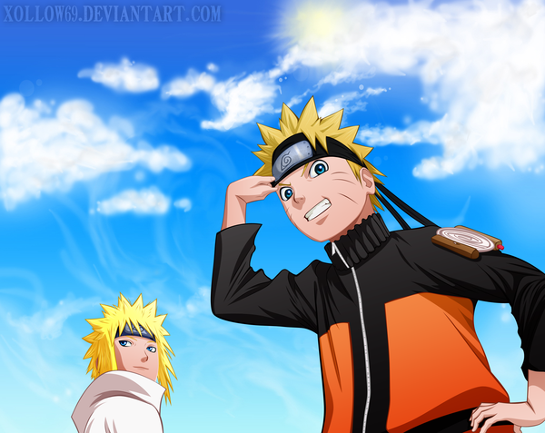 Anime picture 2989x2377 with naruto studio pierrot naruto (series) uzumaki naruto namikaze minato xollow69 highres short hair blue eyes blonde hair smile signed sky cloud (clouds) looking back hand on hip grin coloring facial mark whisker markings