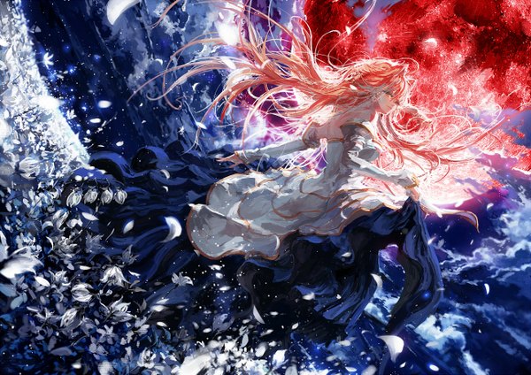 Anime picture 1300x919 with shingetsutan tsukihime type-moon arcueid brunestud stu dts single long hair looking at viewer fringe smile standing yellow eyes cloud (clouds) wind orange hair night night sky light girl dress flower (flowers)