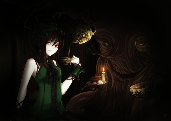 Anime picture 1147x816 with original hachiyuki single long hair looking at viewer smile red eyes brown hair bare shoulders girl dress food cup candle (candles) teapot tea