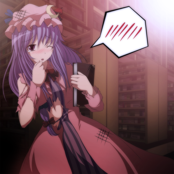 Anime picture 1500x1500 with touhou patchouli knowledge s-syogo single long hair blush red eyes blue hair one eye closed wink tears torn clothes crescent girl bow hair bow book (books) bonnet speech bubble shelf