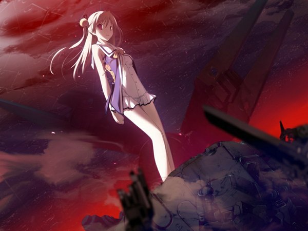 Anime picture 1024x768 with baldr (series) baldr sky baldr sky dive 2 giga minazuki sora single long hair blonde hair smile red eyes bare shoulders game cg cloud (clouds) night two side up night sky girl hair ornament bow ribbon (ribbons)