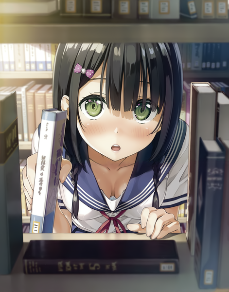 Anime picture 3499x4457 with 5 nenme no houkago (artbook) kantoku single tall image looking at viewer blush fringe highres short hair open mouth black hair hair between eyes holding green eyes absurdres indoors blunt bangs braid (braids) twin braids cleavage cutout