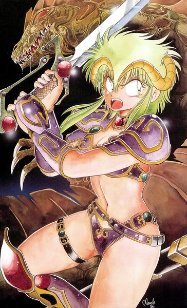 Anime picture 607x1000 with outlanders anime international company kahm manabe jouji single tall image fringe short hair breasts open mouth light erotic hair between eyes holding green eyes signed looking away cleavage bent knee (knees) :d horn (horns)