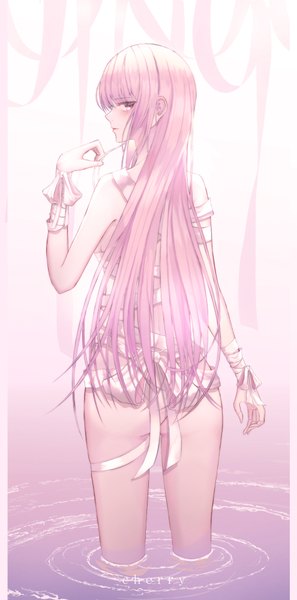 Anime picture 1980x4000 with original domi (hyaku8795) single long hair tall image looking at viewer blush fringe highres light erotic simple background standing pink hair ass profile pink eyes looking back from behind inscription partially submerged