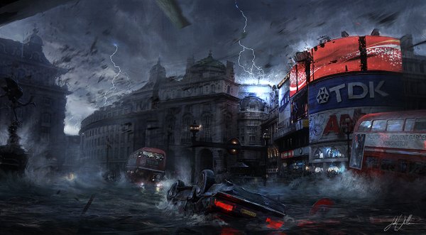 Anime picture 1280x707 with tagme (artist) wide image signed wind cityscape no people lightning destruction post-apocalyptic water building (buildings) ground vehicle splashes car statue signboard bus