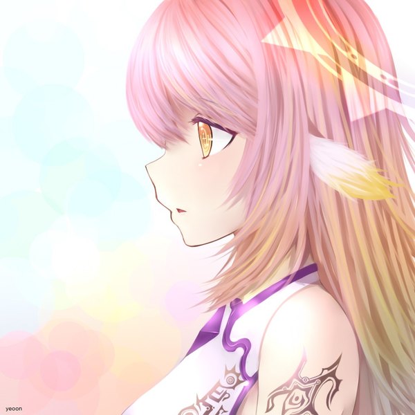 Anime picture 1000x1000 with no game no life madhouse jibril (no game no life) yeoohdam single long hair fringe simple background bare shoulders signed animal ears yellow eyes payot looking away pink hair upper body parted lips profile multicolored hair tattoo