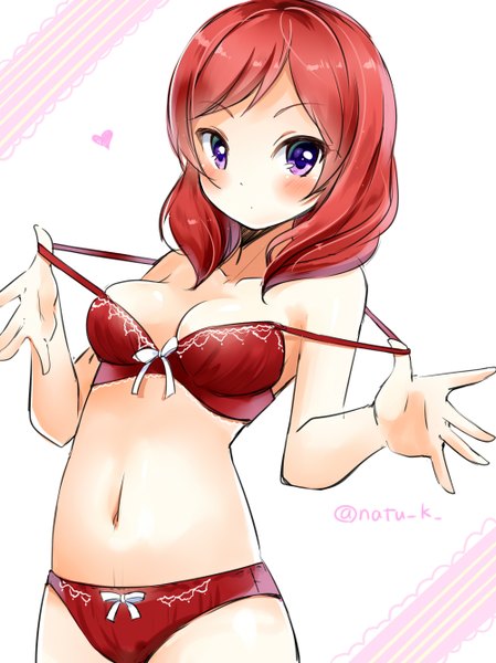 Anime picture 1000x1336 with love live! school idol project sunrise (studio) love live! nishikino maki hazuki natsu single long hair tall image looking at viewer blush breasts light erotic white background purple eyes signed red hair underwear only bra pull girl navel