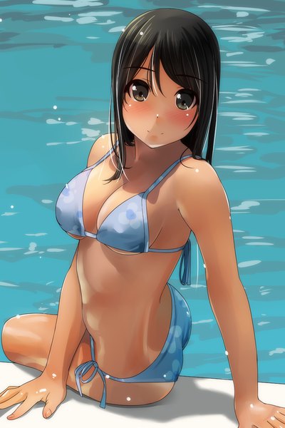 Anime picture 800x1200 with original matsunaga kouyou single long hair tall image looking at viewer blush breasts light erotic black hair light smile black eyes arm support turning head tan girl swimsuit bikini water