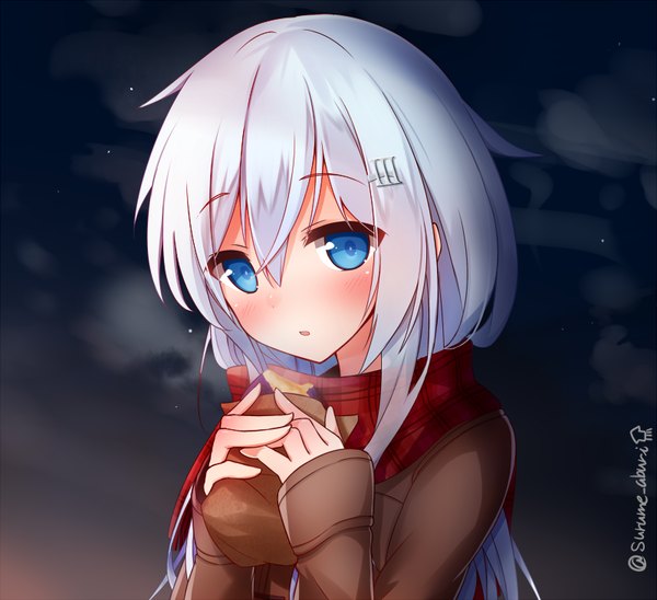 Anime picture 800x731 with kantai collection hibiki destroyer surume aburi single long hair looking at viewer blush fringe blue eyes holding signed ahoge white hair parted lips night night sky exhalation girl hair ornament hairclip