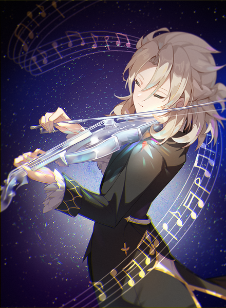 Anime picture 2402x3278 with genshin impact albedo (genshin impact) autumnlll single long hair tall image highres blonde hair eyes closed half updo playing instrument boy musical instrument musical note violin bow (instrument)