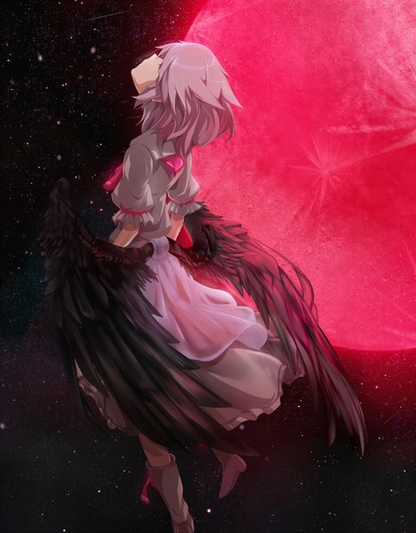 Anime picture 1249x1600 with touhou remilia scarlet ogipote single tall image short hair purple hair night black wings low wings red moon girl dress wings star (stars)