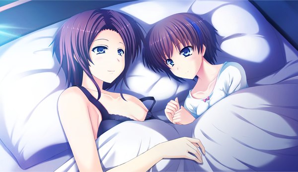 Anime picture 2660x1540 with atled everlasting song highres short hair blue eyes black hair wide image multiple girls game cg lying girl 2 girls