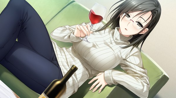 Anime picture 1280x720 with kiss ato asama kyoko mikoto akemi long hair looking at viewer breasts black hair wide image large breasts game cg black eyes crossed legs girl glasses sweater couch wine glass