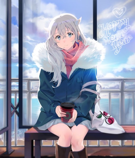 Anime picture 1000x1170 with original ice (ice aptx) single long hair tall image looking at viewer fringe blue eyes hair between eyes sitting sky cloud (clouds) horn (horns) grey hair fur trim new year happy new year girl skirt jacket