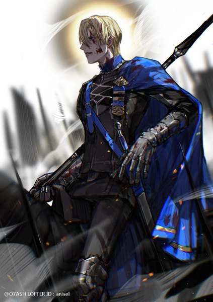 Anime picture 750x1065 with fire emblem fire emblem: three houses nintendo dimitri alexandre blaiddyd o7ash single tall image fringe short hair blue eyes blonde hair hair between eyes signed looking away profile blood on face bloody clothes riding boy uniform
