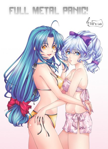 Anime picture 726x1000 with full metal panic! gonzo chidori kaname teletha testarossa tidsean long hair tall image looking at viewer open mouth blue eyes simple background white background multiple girls yellow eyes blue hair silver hair low ponytail girl bow 2 girls