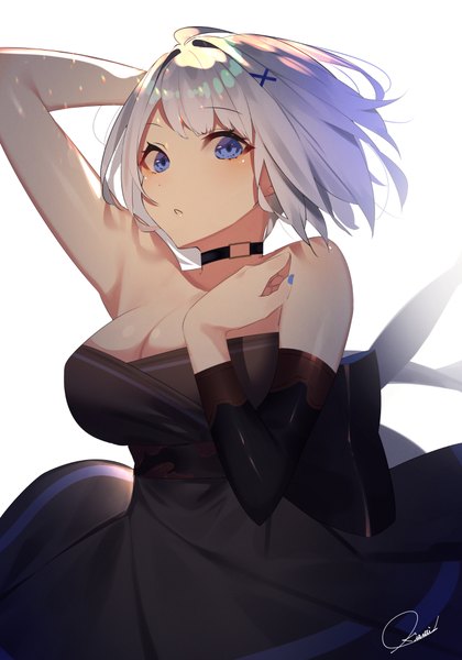 Anime-Bild 1400x2000 mit original kisui single tall image looking at viewer blush fringe short hair breasts blue eyes light erotic simple background large breasts standing white background signed cleavage silver hair nail polish parted lips