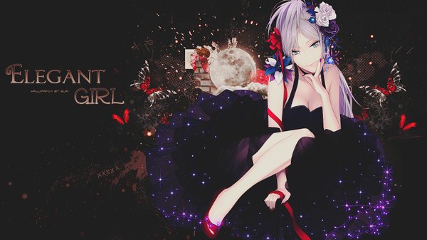 Anime picture 1600x900 with original tagme (artist) looking at viewer blue eyes blonde hair wide image sitting silver hair white hair ponytail inscription wallpaper light girl hair ornament flower (flowers) insect butterfly moon star (stars)