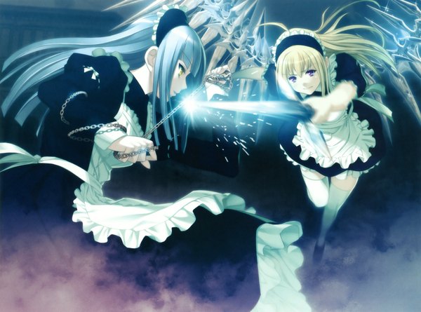 Anime picture 2000x1486 with carnevale della luce della luna anna (carnevale della luce della luna) long hair highres blonde hair purple eyes multiple girls yellow eyes silver hair maid fighting stance girl thighhighs weapon 2 girls white thighhighs wings headdress maid headdress headband