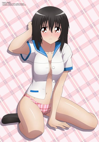 Anime picture 2368x3404 with strike the blood himeragi yukina zel-sama single long hair tall image looking at viewer blush highres light erotic black hair sitting brown eyes no shoes text wariza plaid plaid background girl uniform