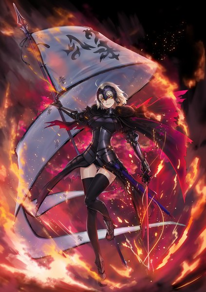 Anime picture 1878x2666 with fate (series) fate/grand order jeanne d'arc (fate) (all) jeanne d'arc alter (fate) mhg (hellma) single tall image looking at viewer fringe highres short hair breasts light erotic smile hair between eyes standing holding yellow eyes silver hair full body