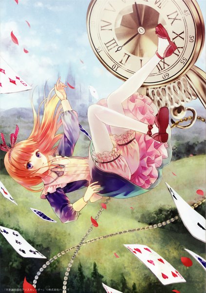 Anime picture 2132x3022 with alice in wonderland alice (wonderland) fukahire (ruinon) single long hair tall image looking at viewer blush fringe highres purple eyes orange hair outstretched arm outstretched hand falling girl dress ribbon (ribbons) plant (plants) hair ribbon
