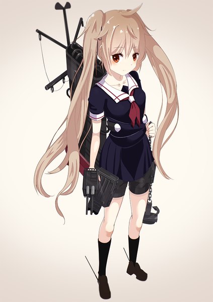 Anime picture 728x1032 with kantai collection murasame destroyer shimashima single long hair tall image looking at viewer simple background blonde hair red eyes white background twintails full body ahoge girl weapon socks black socks sailor suit anchor