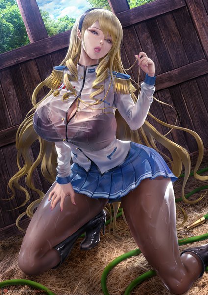 Anime picture 2400x3395 with walkure romanze celia kumani entory lexaiduer single long hair tall image looking at viewer fringe highres breasts blue eyes light erotic blonde hair hair between eyes large breasts sky cleavage cloud (clouds) long sleeves nail polish