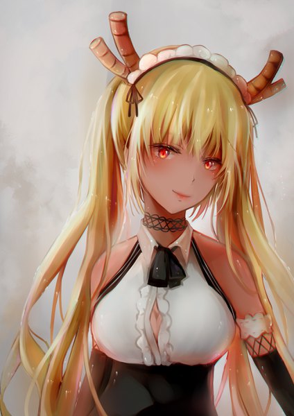 Anime picture 1700x2404 with kobayashi-san chi no maidragon kyoto animation tooru (maidragon) slass single long hair tall image fringe breasts light erotic blonde hair smile red eyes large breasts white background twintails bare shoulders head tilt horn (horns) maid