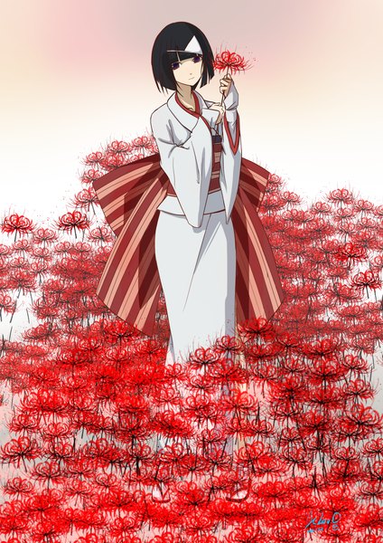 Anime picture 1984x2806 with noragami studio bones nora (noragami) k.lovc. single tall image looking at viewer fringe highres short hair black hair standing purple eyes holding traditional clothes japanese clothes girl flower (flowers) yukata higanbana