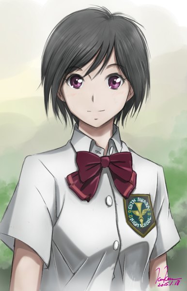 Anime picture 1000x1553 with aldnoah.zero a-1 pictures amifumi inko kem kem single tall image looking at viewer blush fringe short hair black hair simple background purple eyes signed upper body light smile gradient background dated portrait green background