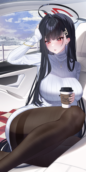Anime picture 1500x3000 with blue archive rio (blue archive) aqua74286 single long hair tall image fringe breasts light erotic black hair red eyes large breasts sitting holding looking away sky cloud (clouds) bent knee (knees) blunt bangs long sleeves
