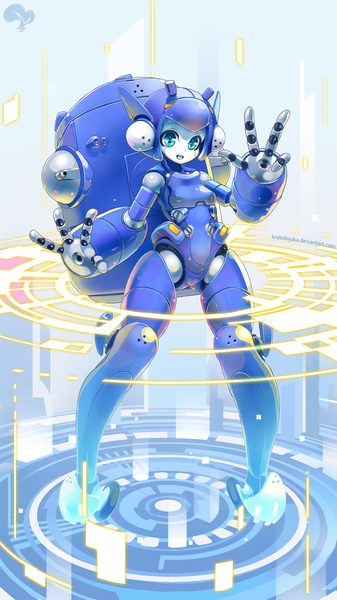 Anime picture 1080x1920 with ghost in the shell ghost in the shell: stand alone complex production i.g tachikoma krokobyaka single tall image looking at viewer open mouth blue eyes smile standing signed full body arm up watermark mechanical personification robot mecha