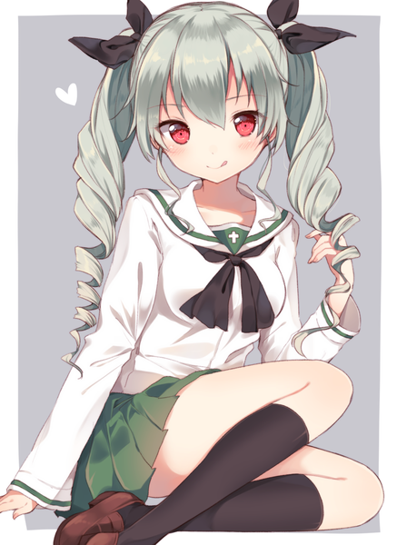 Anime picture 1228x1684 with girls und panzer anchovy (girls und panzer) shiino sera (gelatin) single long hair tall image looking at viewer fringe breasts simple background hair between eyes red eyes twintails bent knee (knees) pleated skirt green hair grey background arm support alternate costume crossed legs