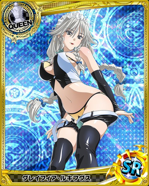 Anime picture 640x800 with highschool dxd grayfia lucifuge single long hair tall image breasts light erotic braid (braids) grey hair grey eyes card (medium) girl thighhighs navel bow black thighhighs swimsuit hair bow detached sleeves bikini