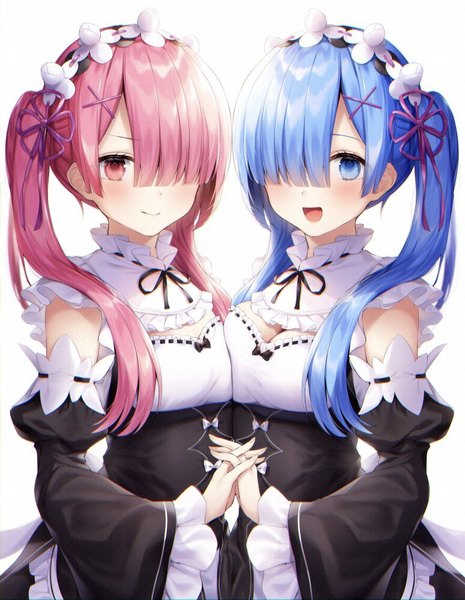 Anime picture 775x1000 with re:zero kara hajimeru isekai seikatsu white fox rem (re:zero) ram (re:zero) navy (navy.blue) long hair tall image looking at viewer blush fringe breasts open mouth blue eyes simple background smile standing white background twintails bare shoulders multiple girls