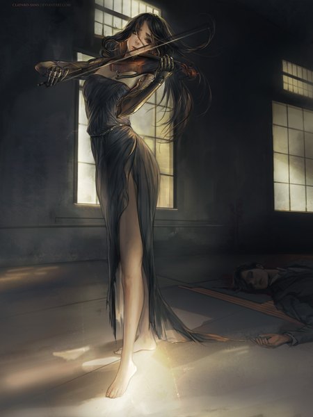 Anime picture 1500x2000 with original claparo-sans long hair tall image black hair standing brown eyes signed looking away indoors parted lips barefoot lips bare legs no shoes playing instrument mechanical arms death girl dress