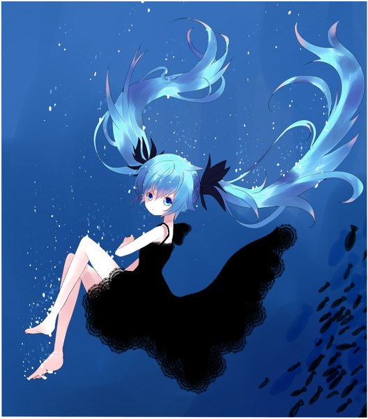 Anime picture 1100x1250 with vocaloid shinkai shoujo (vocaloid) hatsune miku single tall image looking at viewer twintails very long hair aqua eyes aqua hair underwater girl dress fish (fishes)