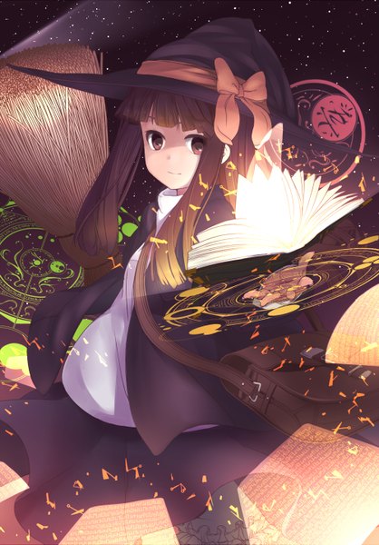 Anime picture 1000x1435 with original kokoro6636 single long hair tall image brown hair brown eyes magic witch girl dress book (books) witch hat broom magic circle