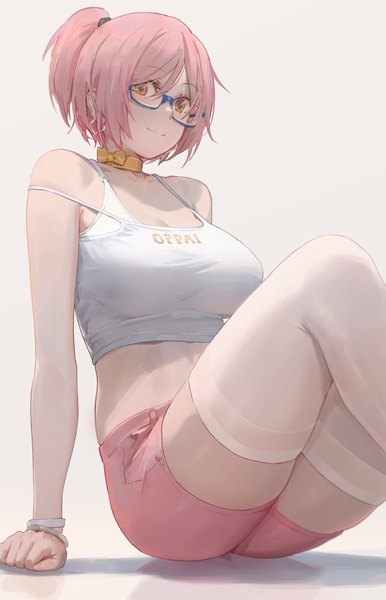 Anime picture 2633x4096 with original free style (yohan1754) single tall image looking at viewer blush fringe highres short hair breasts light erotic simple background smile hair between eyes large breasts white background sitting bare shoulders brown eyes pink hair