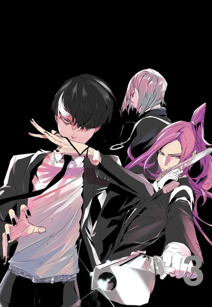 Anime-Bild 1768x2558 mit noblesse m-21 tao takeo lee gwang su long hair tall image looking at viewer fringe highres short hair black hair simple background holding purple hair upper body ponytail nail polish looking back multicolored hair