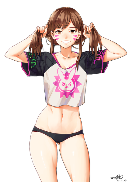 Anime picture 1024x1449 with overwatch blizzard entertainment d.va (overwatch) noto tsugumi single long hair tall image looking at viewer light erotic simple background smile brown hair white background brown eyes signed teeth bare belly groin facial mark dated