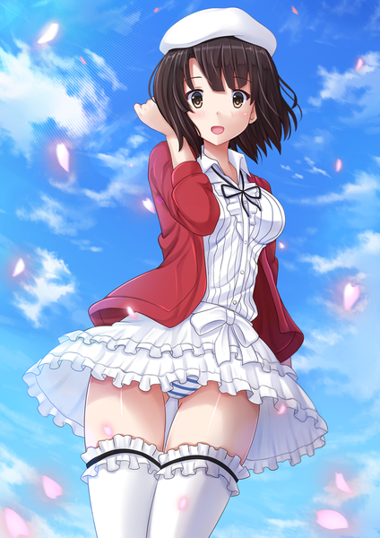 Anime picture 945x1337 with saenai heroine no sodatekata a-1 pictures katou megumi kazenokaze single tall image looking at viewer blush fringe short hair open mouth light erotic black hair standing yellow eyes sky cloud (clouds) adjusting hair happy frilled dress