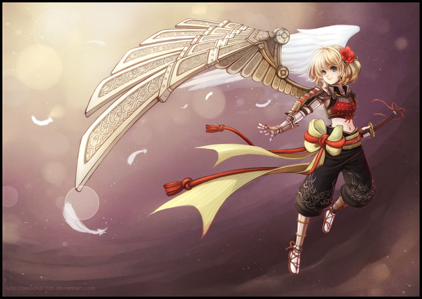 Anime picture 1419x1008 with original zenithomocha single short hair blonde hair traditional clothes japanese clothes hair flower watermark border angel wings white wings purple background mechanical wings asymmetrical wings navel hair ornament flower (flowers) weapon sword