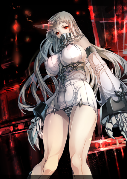 Anime picture 1378x1946 with kantai collection seaport hime rathke single long hair tall image looking at viewer blush breasts light erotic red eyes large breasts standing bare shoulders silver hair horn (horns) pantyshot embarrassed erect nipples sideboob