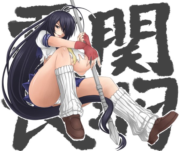Anime picture 1500x1250 with ikkitousen kanu unchou otogi (pixiv) long hair fringe breasts light erotic black hair large breasts ahoge very long hair black eyes hair over one eye torn clothes hieroglyph girl gloves weapon fingerless gloves naginata