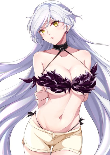 Anime picture 2894x4093 with honkai impact 3rd benghuai xueyuan honkai (series) kiana kaslana kiana kaslana (herrscher of the void) wo cai bushi zhushou single tall image looking at viewer blush fringe highres breasts light erotic simple background large breasts standing white background bare shoulders yellow eyes